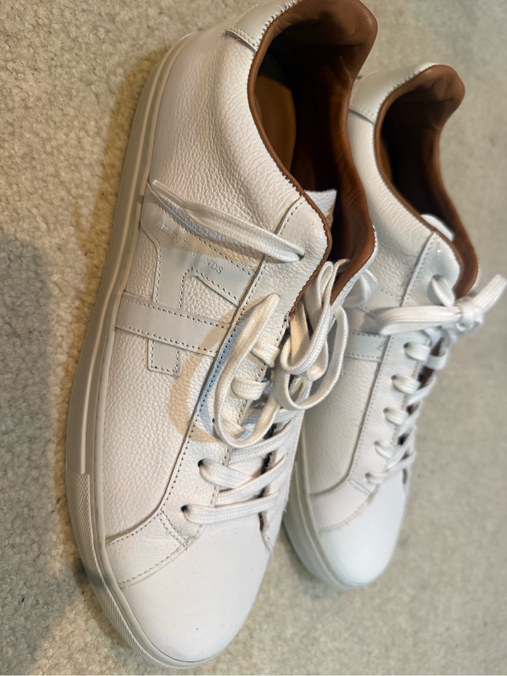Allen Edmonds White Leather Sneakers With Tan Collar